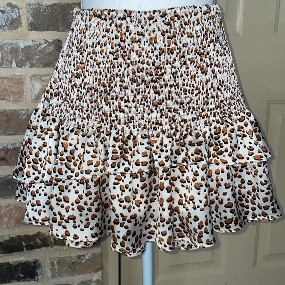 NWT Glam Smocked Layered Ruffle Skirt Satin Flouncy Leopard Animal Print Size S - Picture 7 of 12